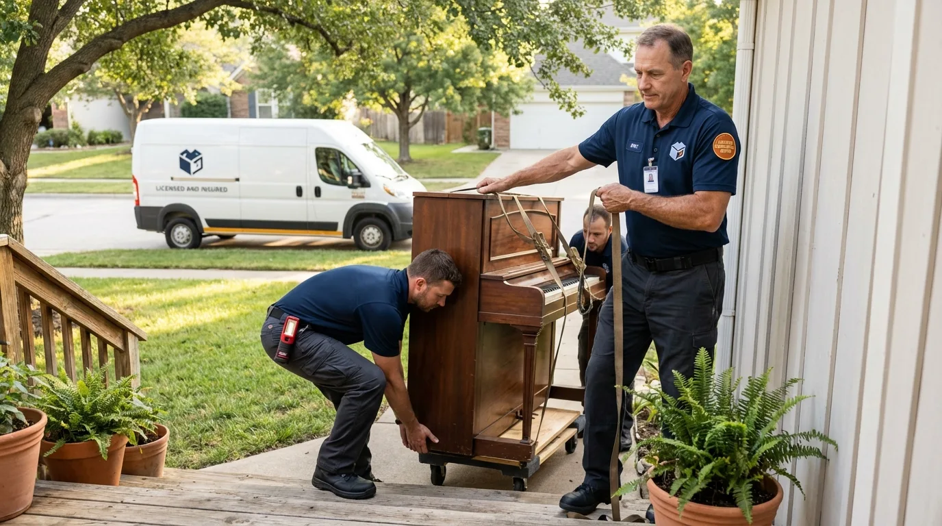Licensed piano movers securing grand piano in Lebanon, ME