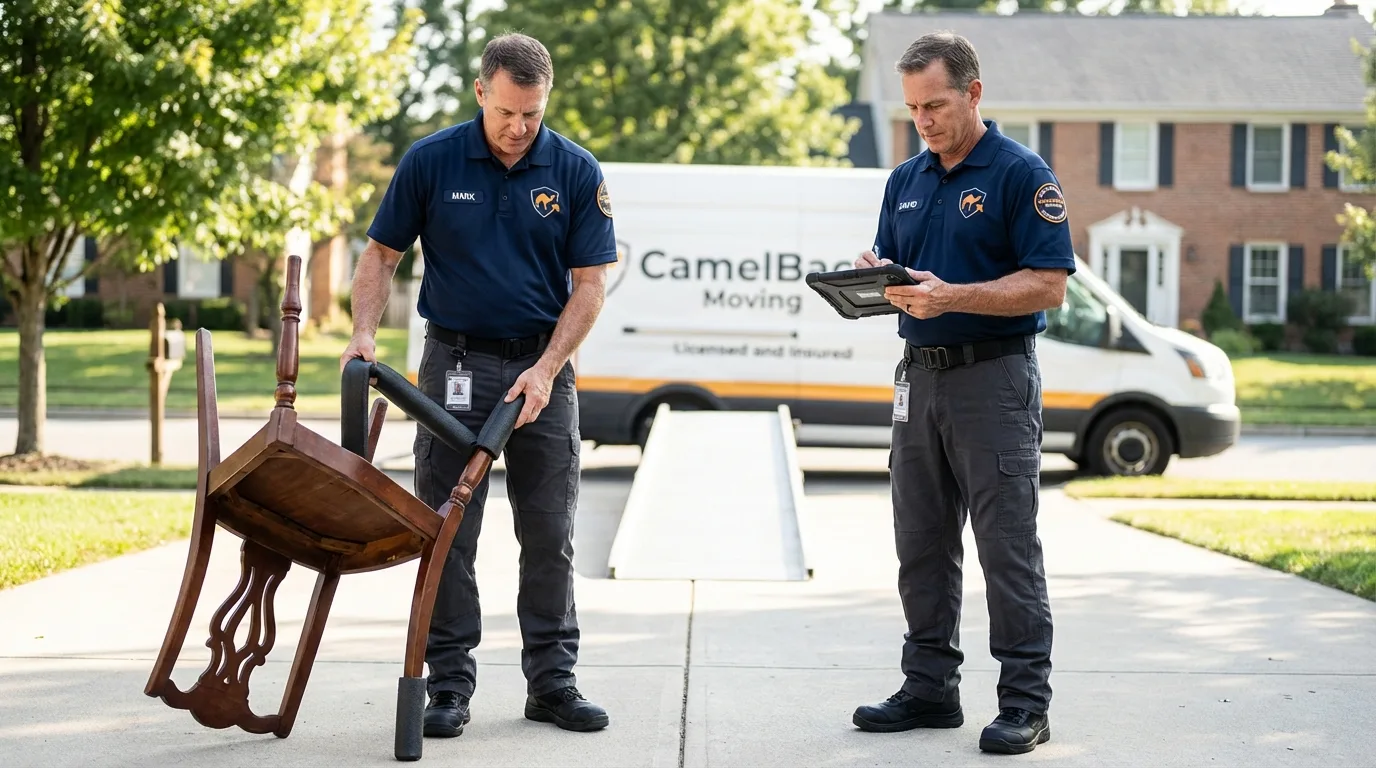 Movers inspecting furniture for damage prevention before loading in Lebanon, ME
