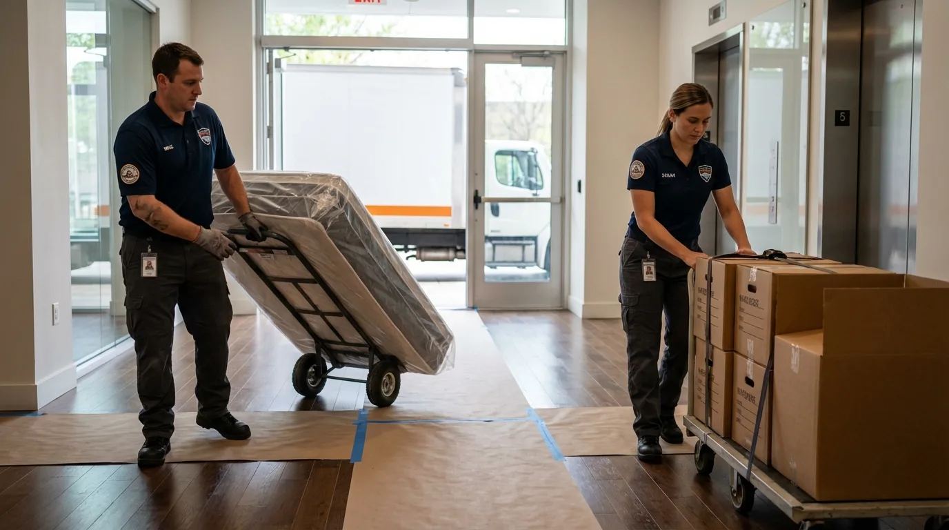 Professional apartment movers loading elevator in Lebanon, ME