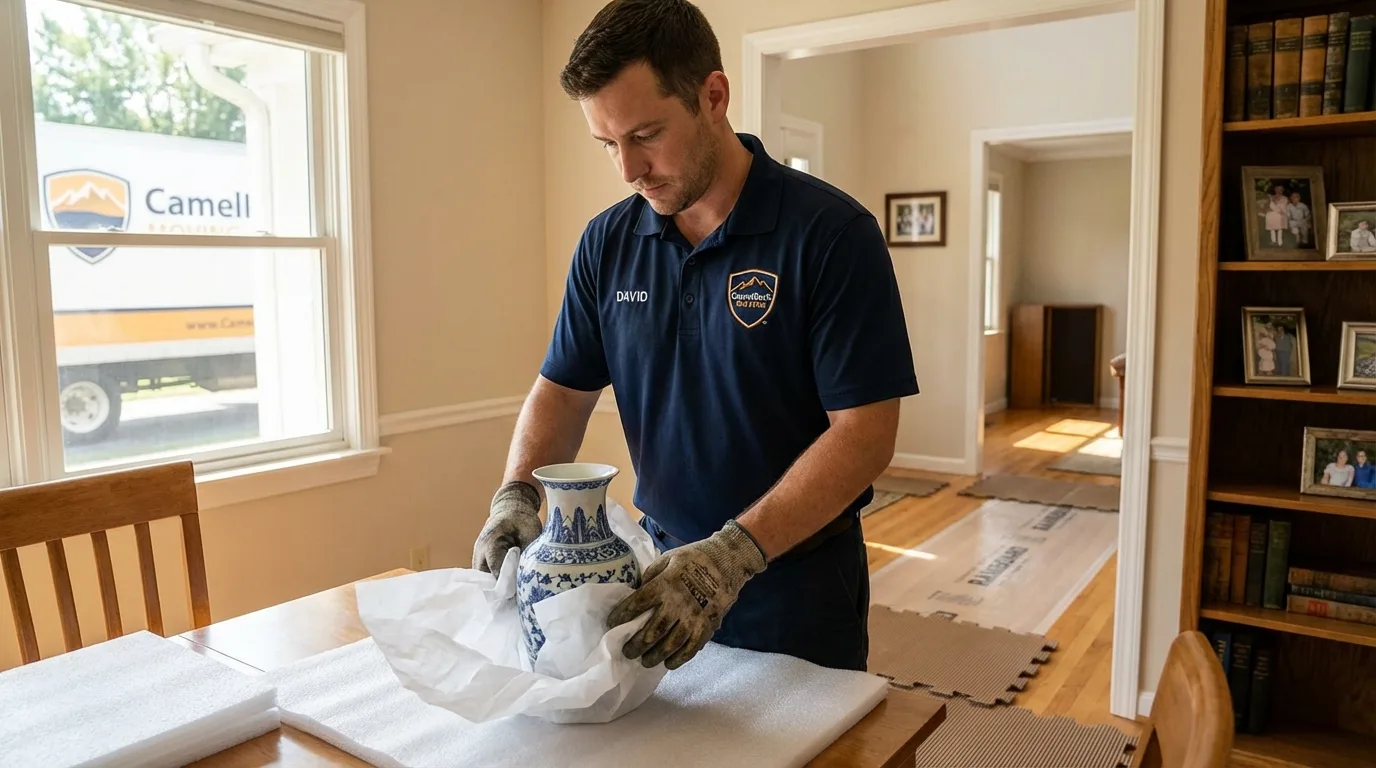 Professional crew carefully wrapping antique vase for senior downsizing move in Lebanon, ME